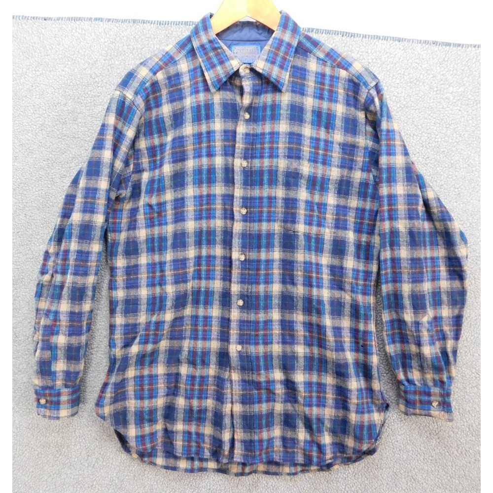 Vintage Pendleton Wool Flannel Shirt Men's L Blue Plaid Distressed